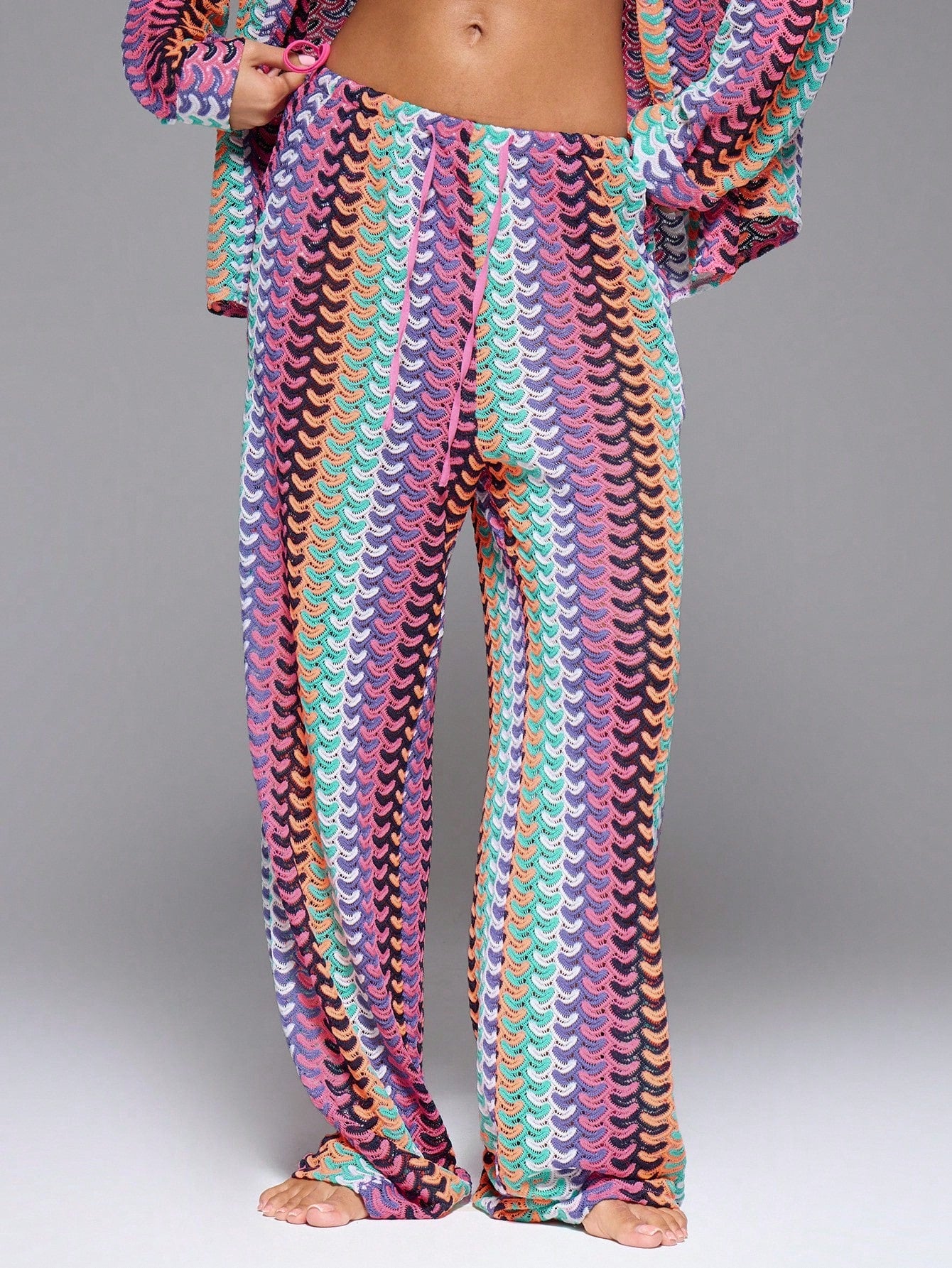 Musera Resort High Rise Tie Waist Patterned Cover Up Trousers Boho Ibiza Cute Sexy Vacation Summer Beach Swimwear Boho Holiday Stripe Fall Spring