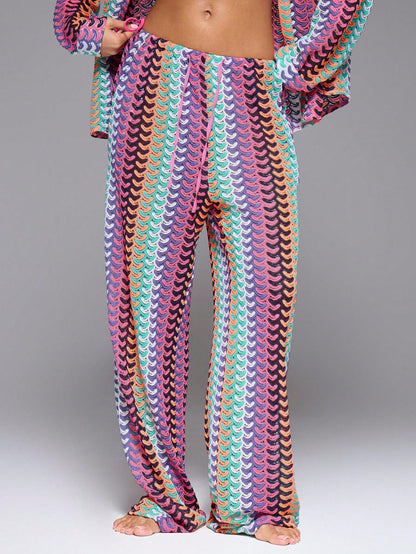 Musera Resort High Rise Tie Waist Patterned Cover Up Trousers Boho Ibiza Cute Sexy Vacation Summer Beach Swimwear Boho Holiday Stripe Fall Spring