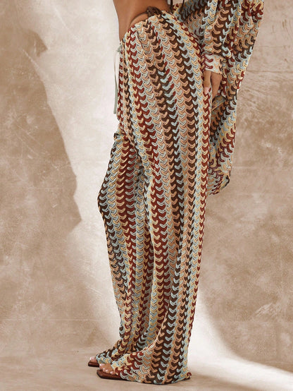 Musera Resort High Rise Tie Waist Patterned Cover Up Trousers Boho Ibiza Cute Sexy Vacation Summer Beach Swimwear Hot Skin Stripe Fall Spring Holiday Carnival Festival