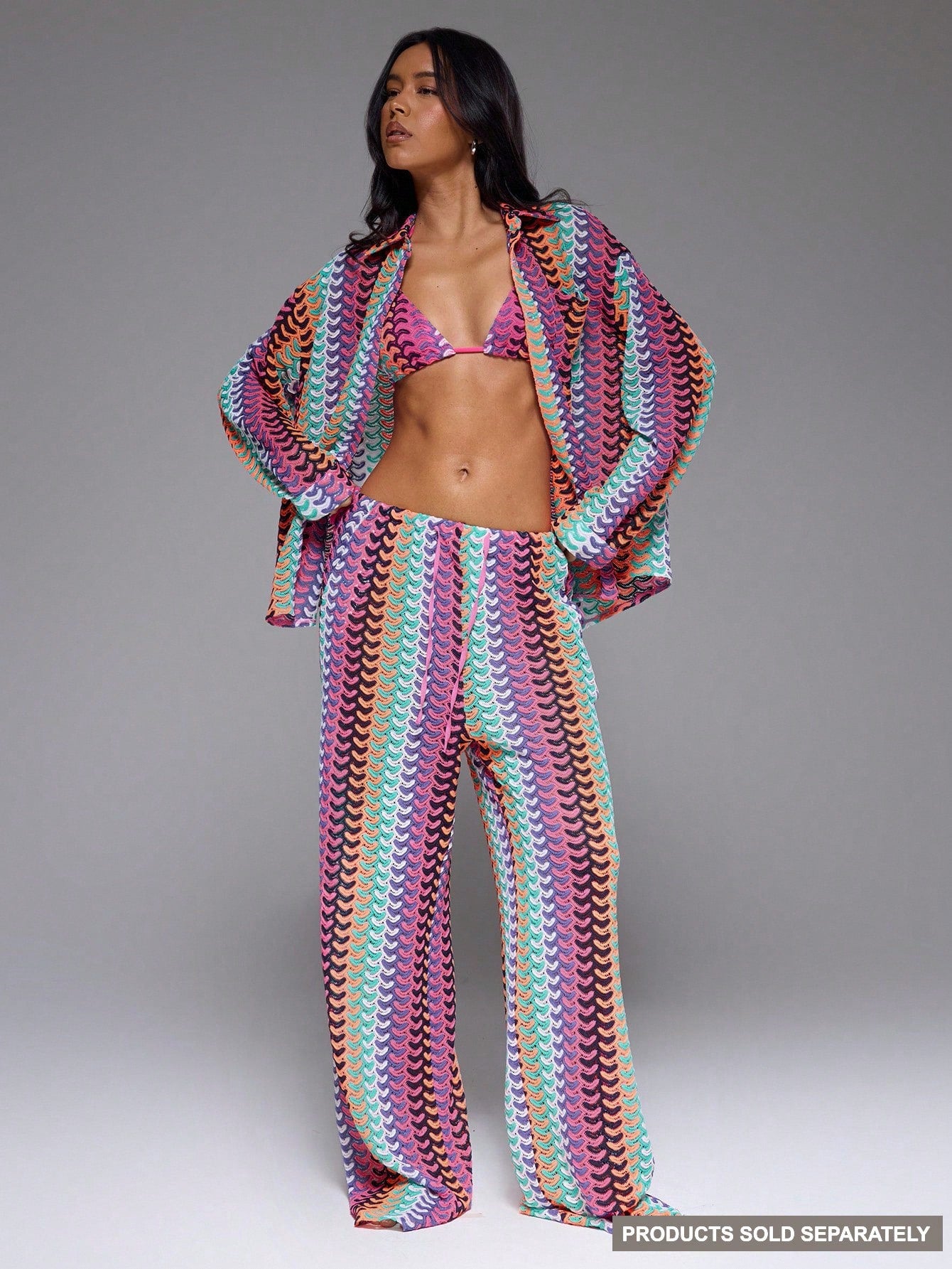 Musera Resort High Rise Tie Waist Patterned Cover Up Trousers Boho Ibiza Cute Sexy Vacation Summer Beach Swimwear Boho Holiday Stripe Fall Spring