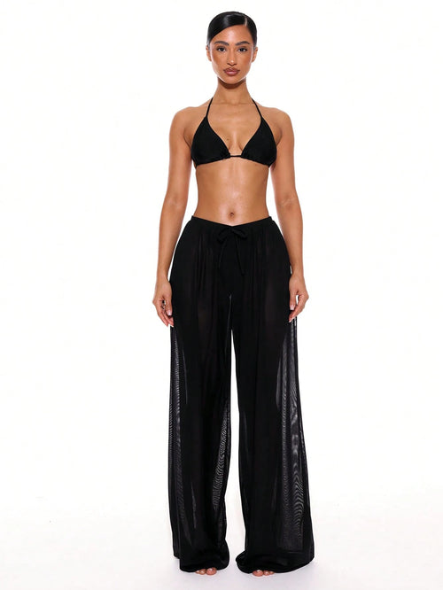 Musera Resort Low Rise Drawstring Front Wide Leg Trousers Cover Up Summer Spring Holiday Vacation Sexy Tropical Club Beach Ibiza Beachwear Techno Fall Black