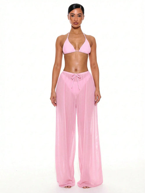 Musera Resort Low Rise Drawstring Front Wide Leg Trousers Cover Up Summer Spring Holiday Vacation Sexy Club Ibiza Beachwear Nanoscopic Techno Winter