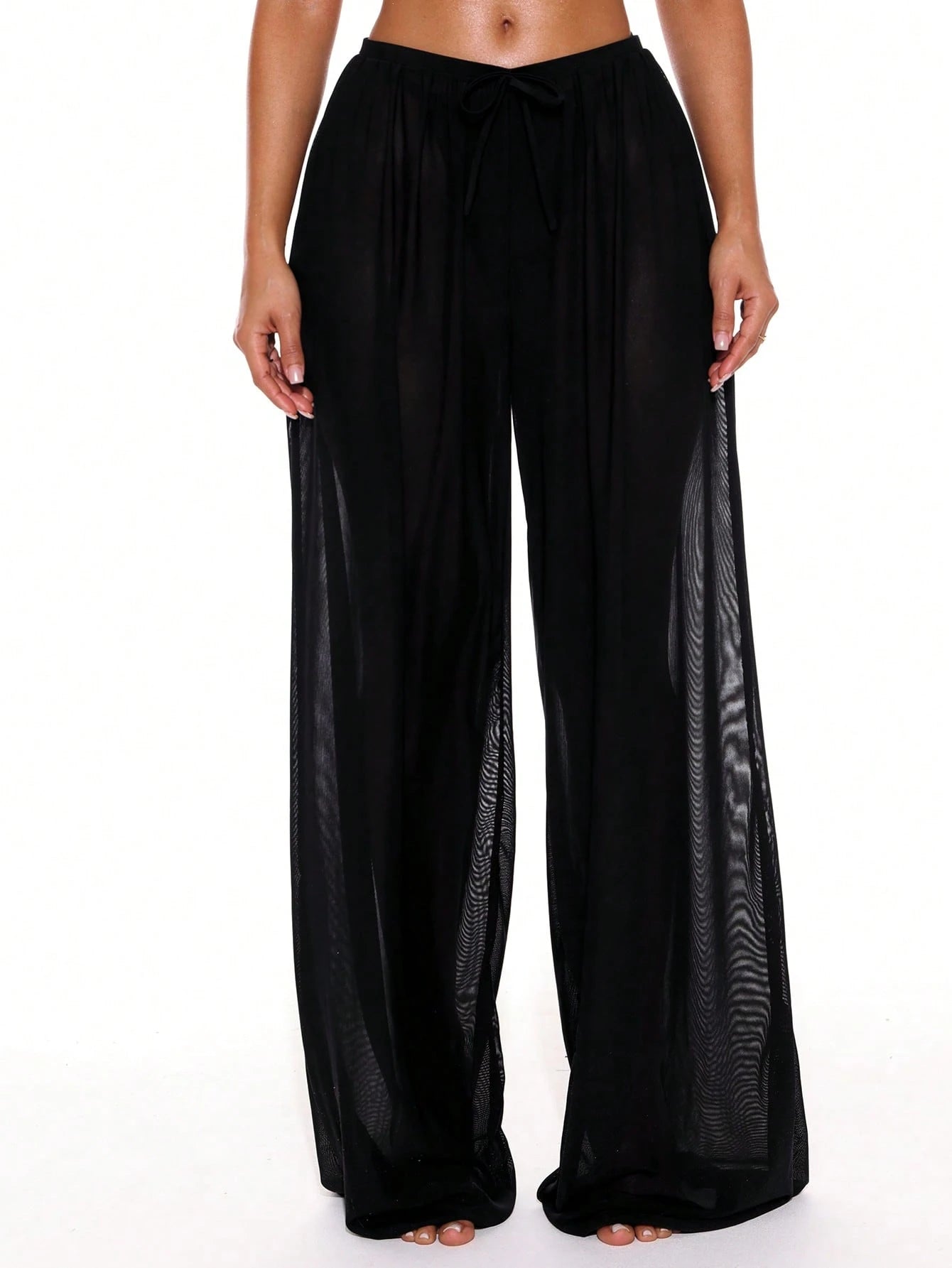 Musera Resort Low Rise Drawstring Front Wide Leg Trousers Cover Up Summer Spring Holiday Vacation Sexy Tropical Club Beach Ibiza Beachwear Techno Fall Black