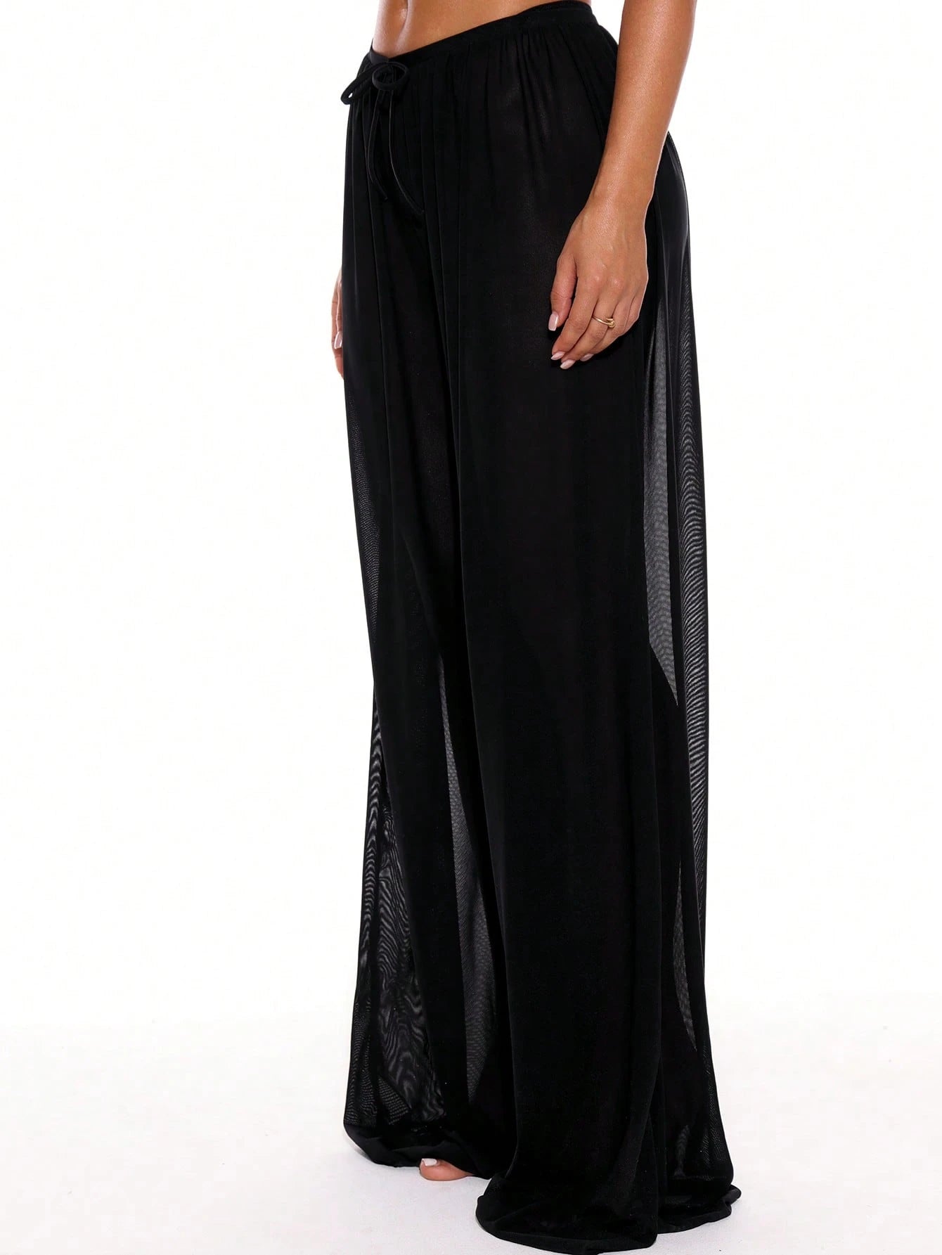 Musera Resort Low Rise Drawstring Front Wide Leg Trousers Cover Up Summer Spring Holiday Vacation Sexy Tropical Club Beach Ibiza Beachwear Techno Fall Black