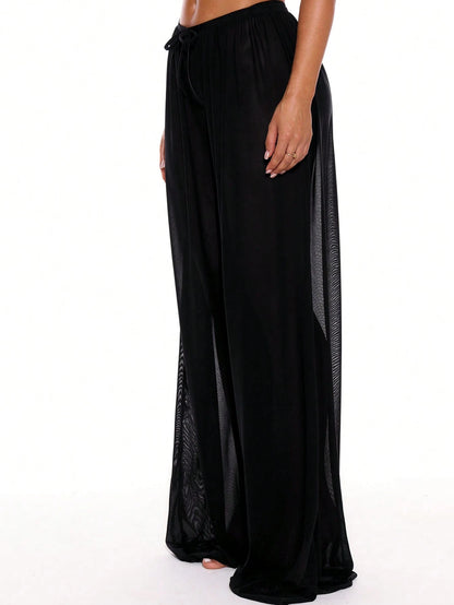 Musera Resort Low Rise Drawstring Front Wide Leg Trousers Cover Up Summer Spring Holiday Vacation Sexy Tropical Club Beach Ibiza Beachwear Techno Fall Black
