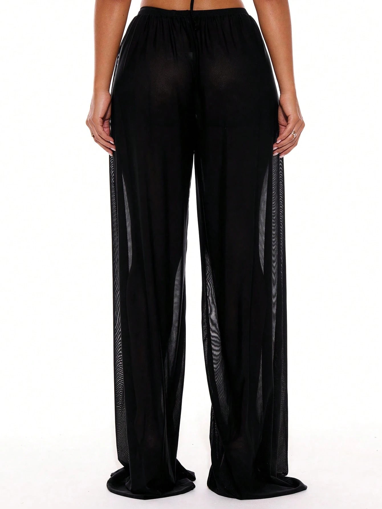 Musera Resort Low Rise Drawstring Front Wide Leg Trousers Cover Up Summer Spring Holiday Vacation Sexy Tropical Club Beach Ibiza Beachwear Techno Fall Black