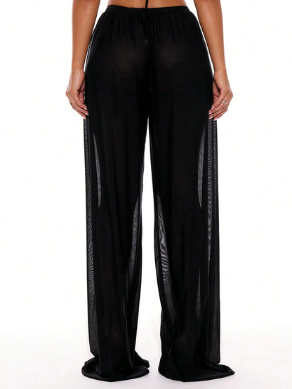 Musera Resort Low Rise Drawstring Front Wide Leg Trousers Cover Up Summer Spring Holiday Vacation Sexy Tropical Club Beach Ibiza Beachwear Techno Fall Black