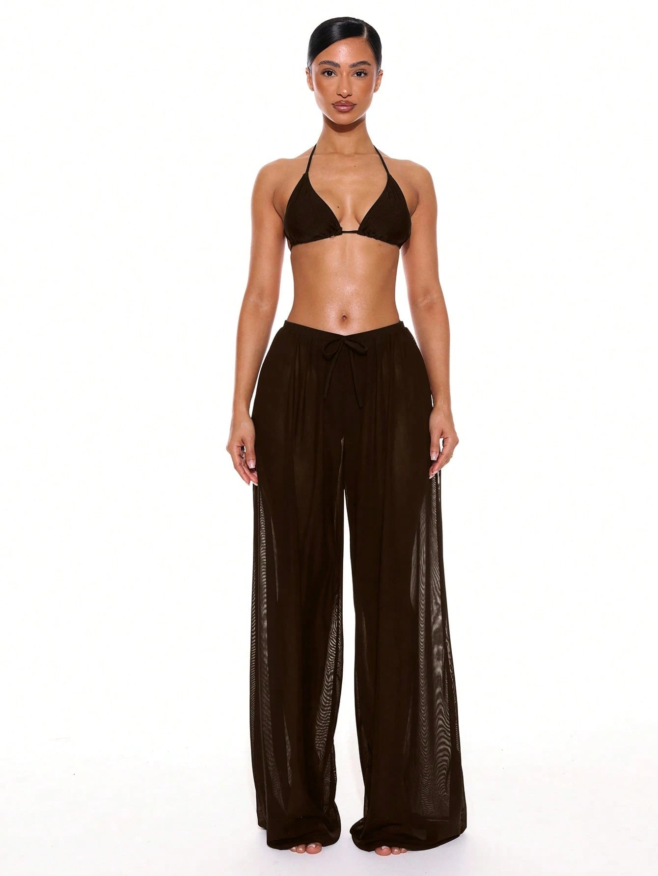 Musera Resort Low Rise Drawstring Front Wide Leg Trousers Cover Up Summer Spring Holiday Vacation Sexy Tropical Club Beach Ibiza Beachwear Techno Fall Black