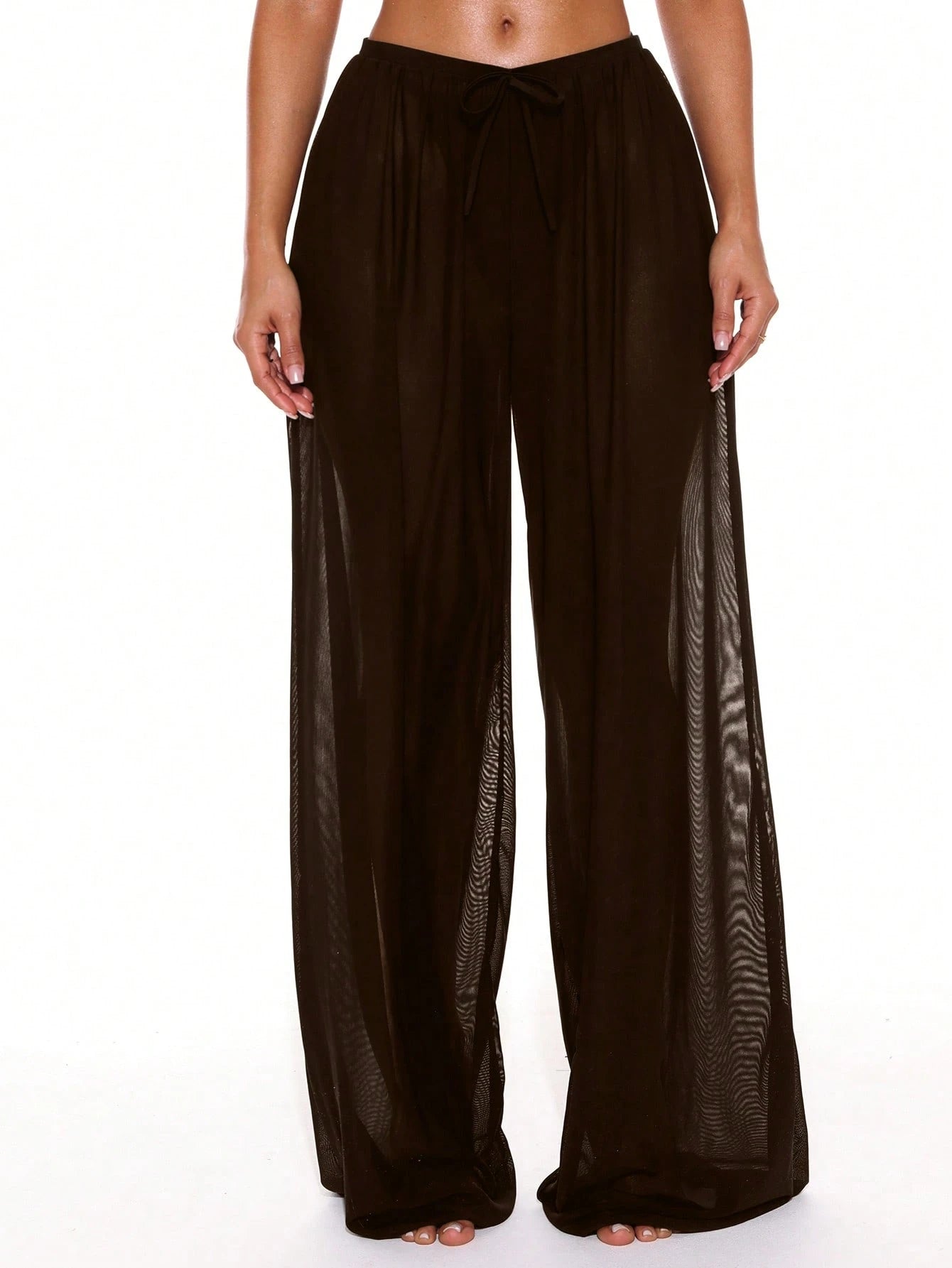 Musera Resort Low Rise Drawstring Front Wide Leg Trousers Cover Up Summer Spring Holiday Vacation Sexy Tropical Club Beach Ibiza Beachwear Techno Fall Black