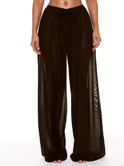 Musera Resort Low Rise Drawstring Front Wide Leg Trousers Cover Up Summer Spring Holiday Vacation Sexy Tropical Club Beach Ibiza Beachwear Techno Fall Black