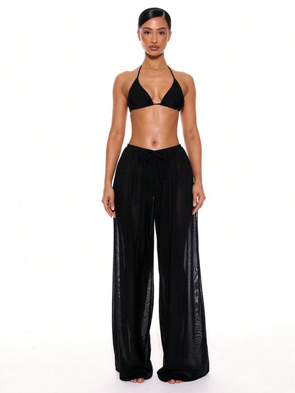 Musera Resort Low Rise Drawstring Front Wide Leg Trousers Cover Up Summer Spring Holiday Vacation Sexy Tropical Club Beach Ibiza Beachwear Techno Fall Black