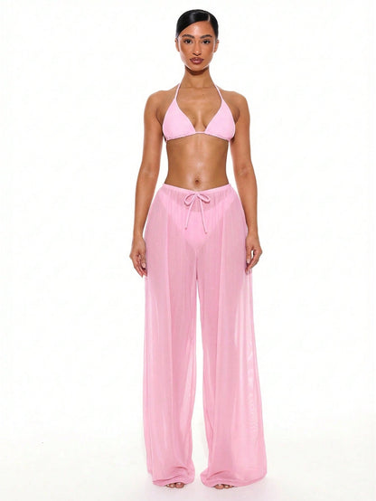 Musera Resort Low Rise Drawstring Front Wide Leg Trousers Cover Up Summer Spring Holiday Vacation Sexy Club Ibiza Beachwear Nanoscopic Techno Winter