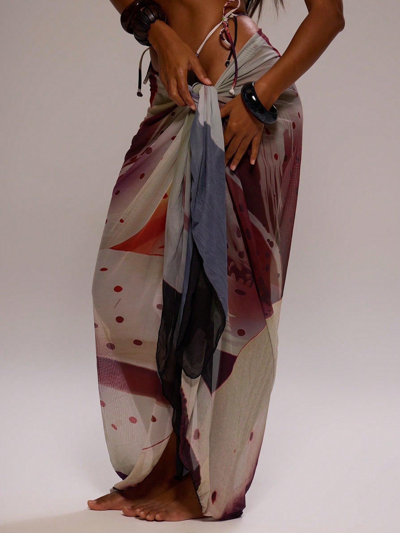 Musera Resort Mesh Sheer Floral Graphic Print Tie Long Sarong Cover Up Swim Vacation Summer Holiday Boho Cute Simple Elegant Casual Beach