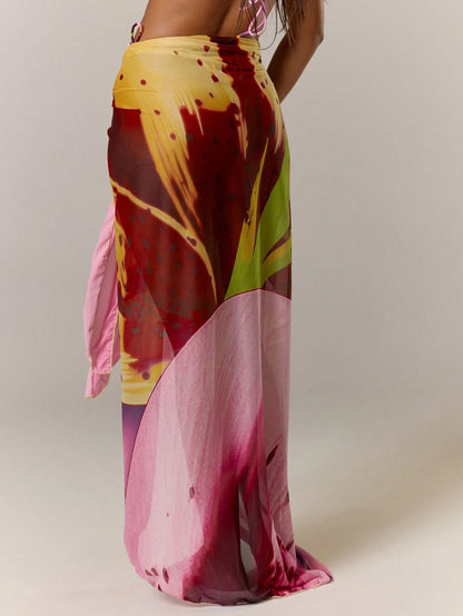 Musera Resort Mesh Sheer Floral Graphic Print Tie Long Sarong Cover Up Swim Vacation Summer Holiday Boho Cute Simple Elegant Casual Beach