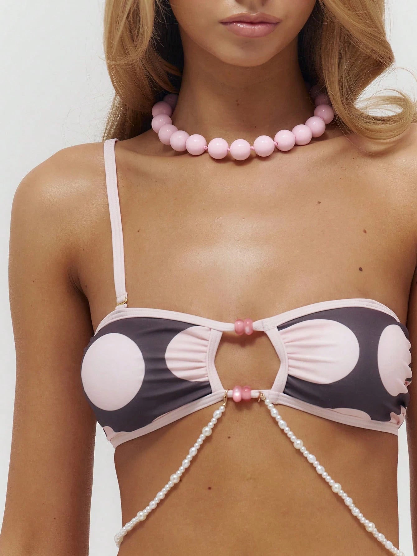 Musera Resort Polka Dot Bandeau Beaded Bikini Top Only Summer Swim Beach Vacation Everyday Sexy Cute Travel Bambola