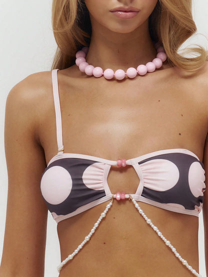 Musera Resort Polka Dot Bandeau Beaded Bikini Top Only Summer Swim Beach Vacation Everyday Sexy Cute Travel Bambola