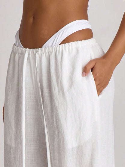 Musera Resort Premium Drawstring Wide Leg Linen Trousers Cover Up Swim Vacation Holiday Summer Travel Beachwear