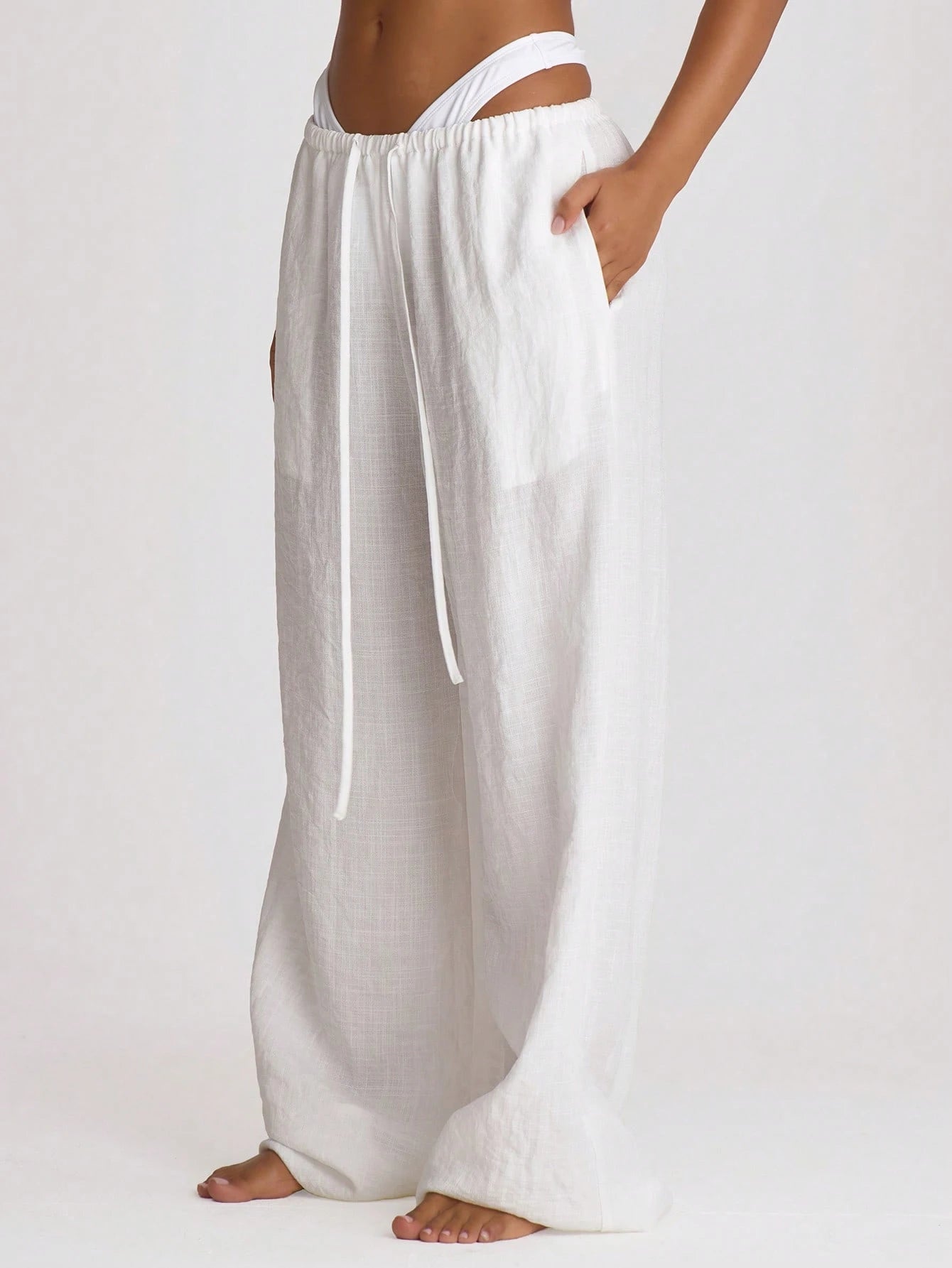 Musera Resort Premium Drawstring Wide Leg Linen Trousers Cover Up Swim Vacation Holiday Summer Travel Beachwear