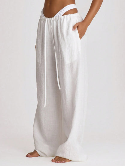 Musera Resort Premium Drawstring Wide Leg Linen Trousers Cover Up Swim Vacation Holiday Summer Travel Beachwear