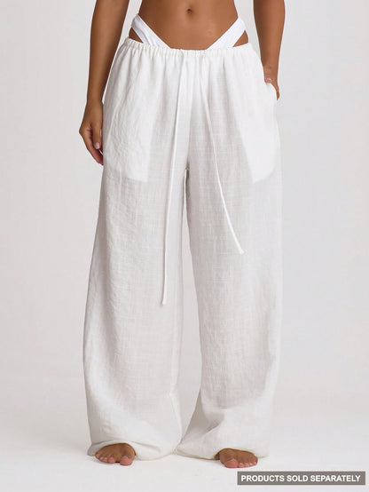 Musera Resort Premium Drawstring Wide Leg Linen Trousers Cover Up Swim Vacation Holiday Summer Travel Beachwear