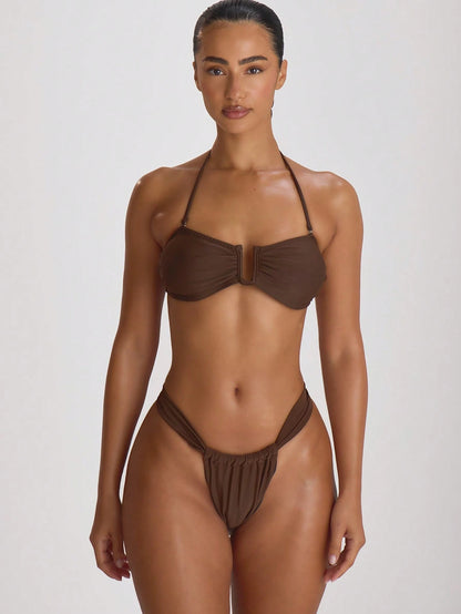 Musera Resort Thick Strap Ruched Cheeky Bikini Bottoms Swim Vacation Holiday Summer Travel Beachwear Basics Solid Colour Swimwear Resort Core