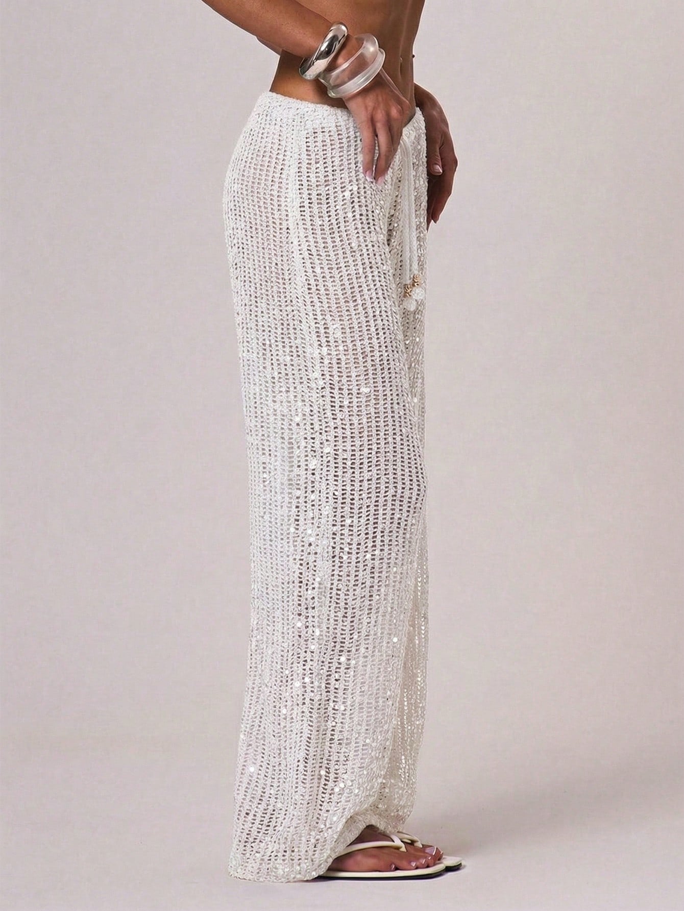 Musera Resort Women Cover Ups Ibiza Boho Vacation Holiday Beach Elegant Summer Sequin Wide Leg Crochet Trouser Spring Carvinal Beachwear Festival