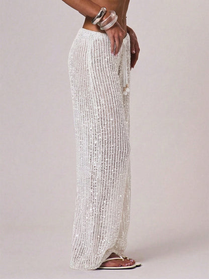 Musera Resort Women Cover Ups Ibiza Boho Vacation Holiday Beach Elegant Summer Sequin Wide Leg Crochet Trouser Spring Carvinal Beachwear Festival