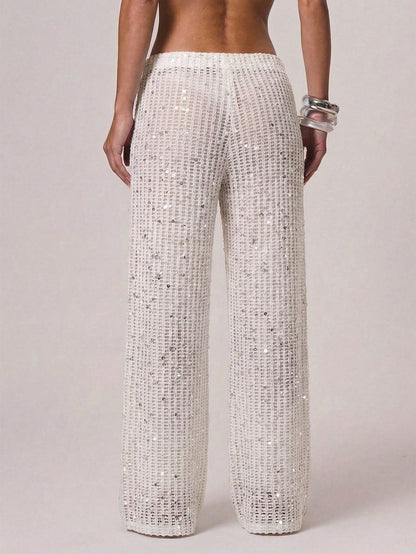 Musera Resort Women Cover Ups Ibiza Boho Vacation Holiday Beach Elegant Summer Sequin Wide Leg Crochet Trouser Spring Carvinal Beachwear Festival