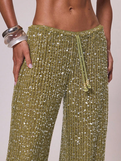 Musera Resort Women Cover Ups Ibiza Boho Vacation Holiday Beach Elegant Summer Sequin Wide Leg Crochet Trouser Spring Carvinal Beachwear Festival