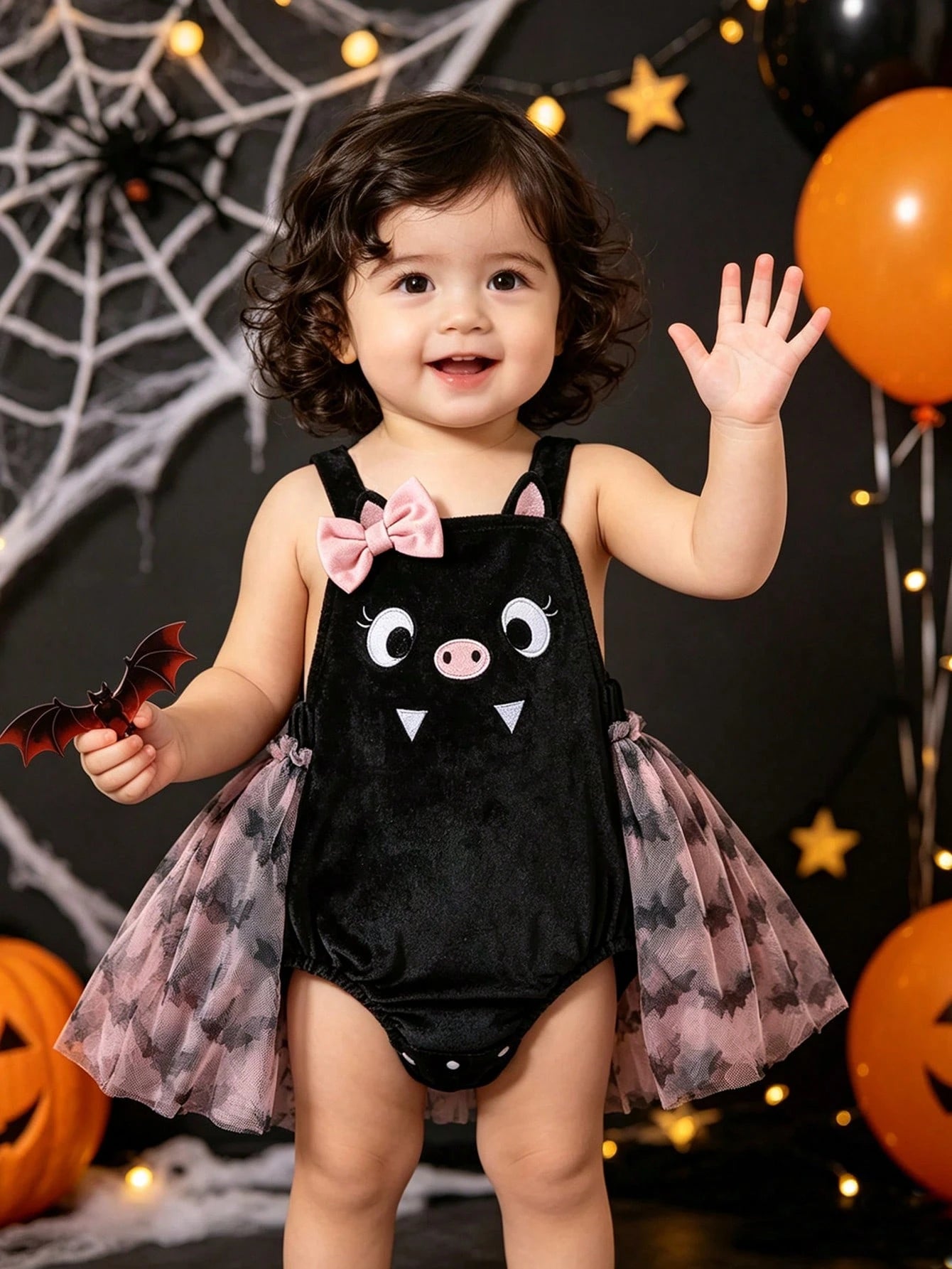 MYVLNA Infant & Toddler Girls Halloween Cute Bat Patchwork Tulle Romper With Pink Bow And Matching Mesh Headband