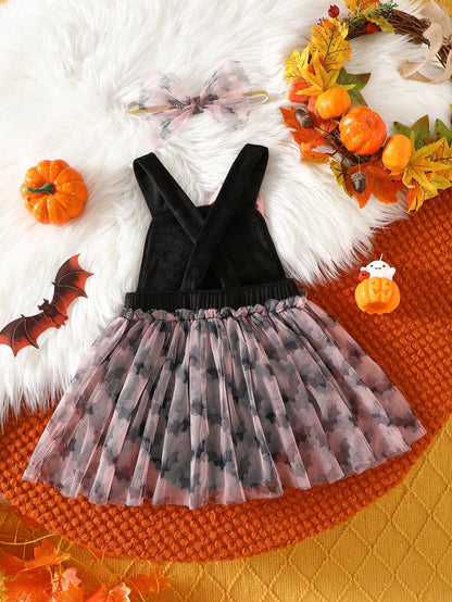 MYVLNA Infant & Toddler Girls Halloween Cute Bat Patchwork Tulle Romper With Pink Bow And Matching Mesh Headband