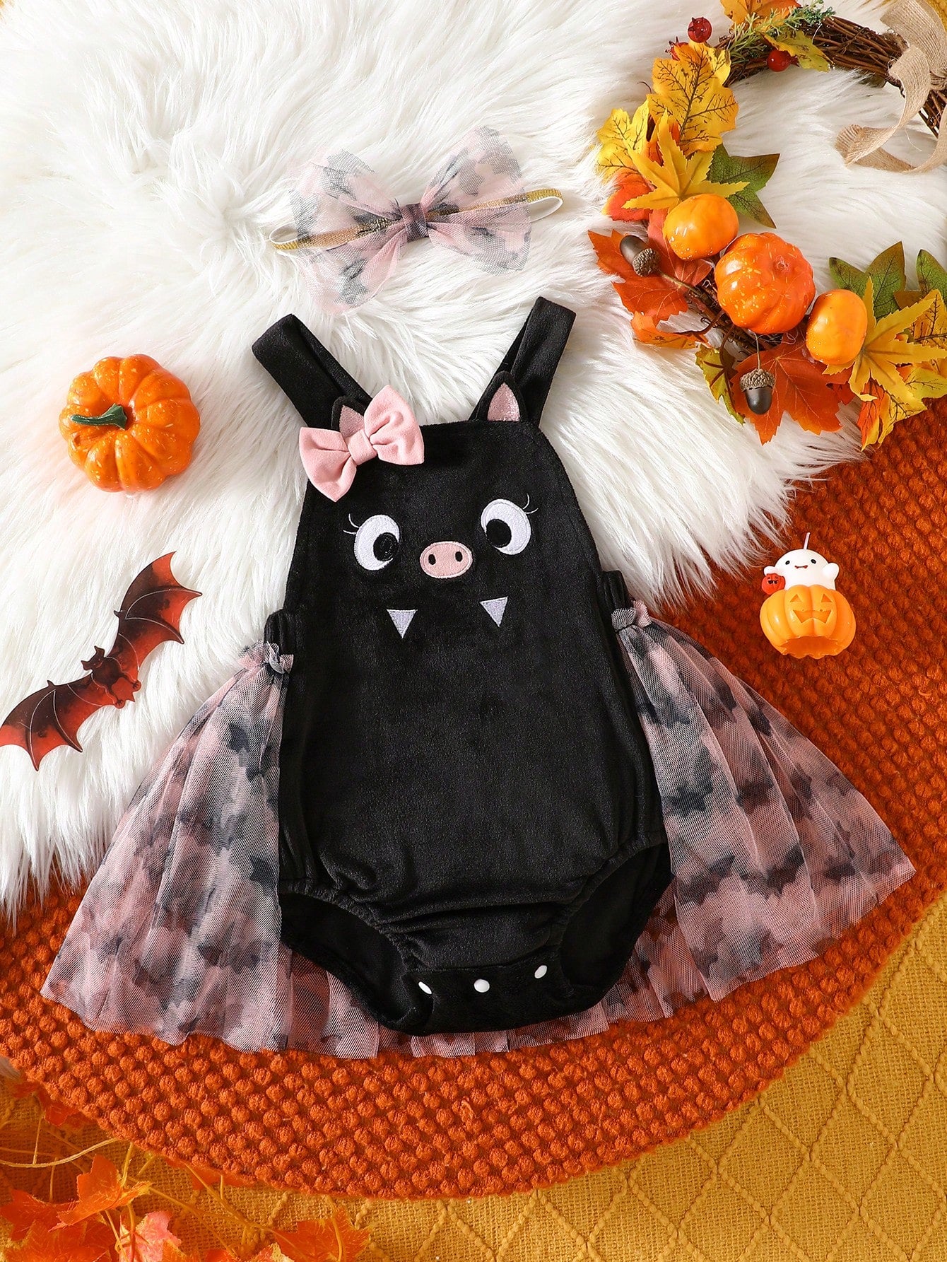 MYVLNA Infant & Toddler Girls Halloween Cute Bat Patchwork Tulle Romper With Pink Bow And Matching Mesh Headband