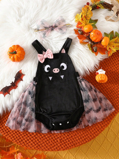 MYVLNA Infant & Toddler Girls Halloween Cute Bat Patchwork Tulle Romper With Pink Bow And Matching Mesh Headband