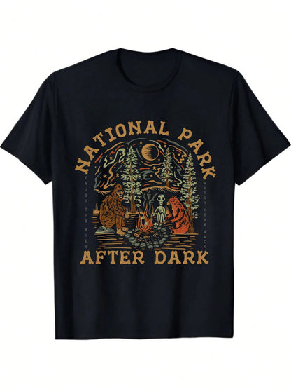 National Park After Dark Graphic Printed Cotton T-Shirt,Casual Soft Short-Sleeved 100% Cotton 220g T-Shirt