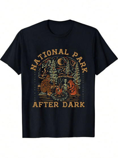 National Park After Dark Graphic Printed Cotton T-Shirt,Casual Soft Short-Sleeved 100% Cotton 220g T-Shirt