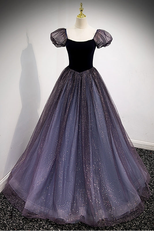 Navy Blue A-line Short Puffy Sleeves Princess Long Dress