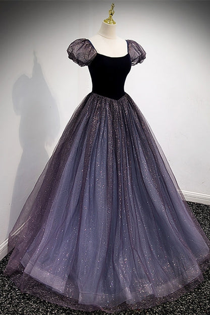 Navy Blue A-line Short Puffy Sleeves Princess Long Dress