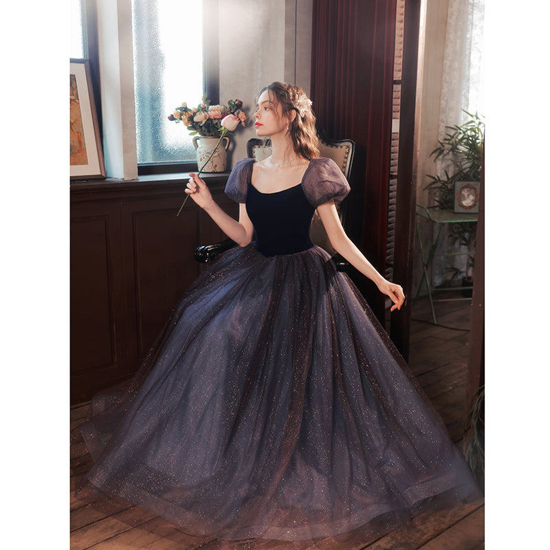 Navy Blue A-line Short Puffy Sleeves Princess Long Dress