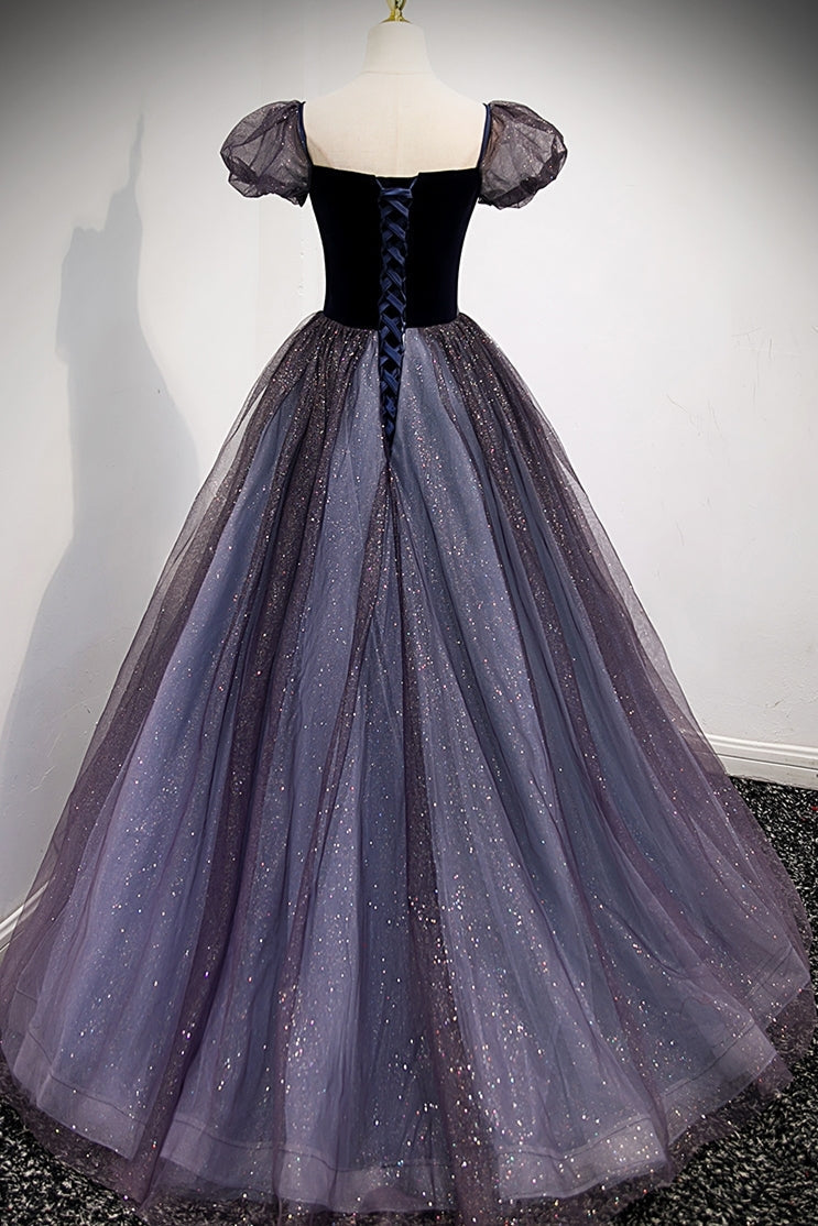 Navy Blue A-line Short Puffy Sleeves Princess Long Dress