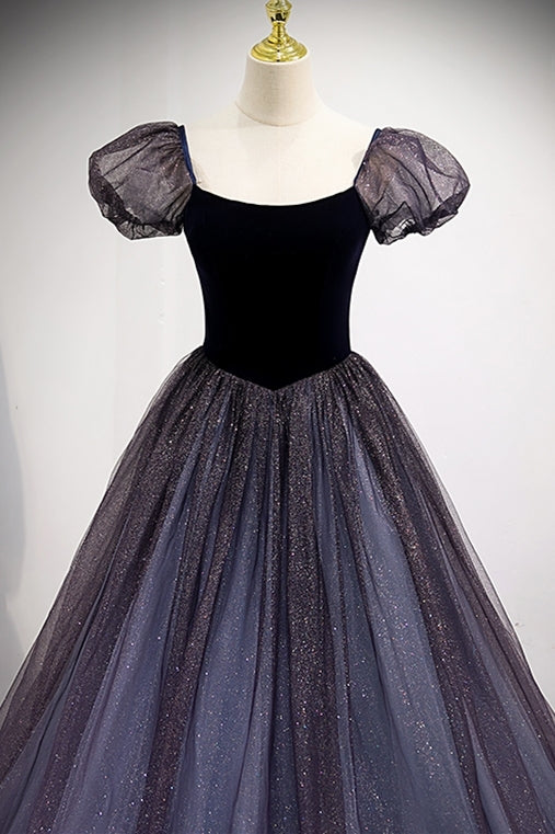 Navy Blue A-line Short Puffy Sleeves Princess Long Dress