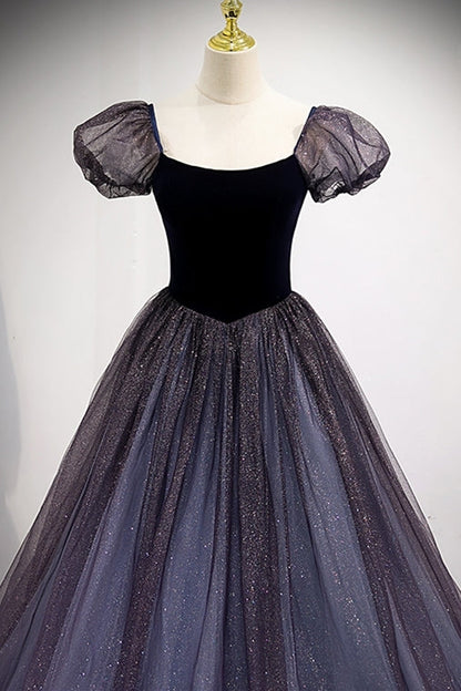 Navy Blue A-line Short Puffy Sleeves Princess Long Dress