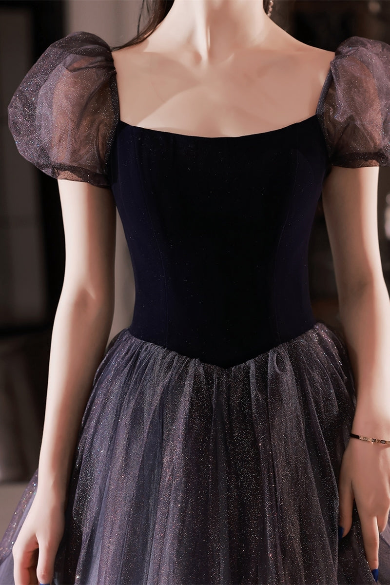 Navy Blue A-line Short Puffy Sleeves Princess Long Dress