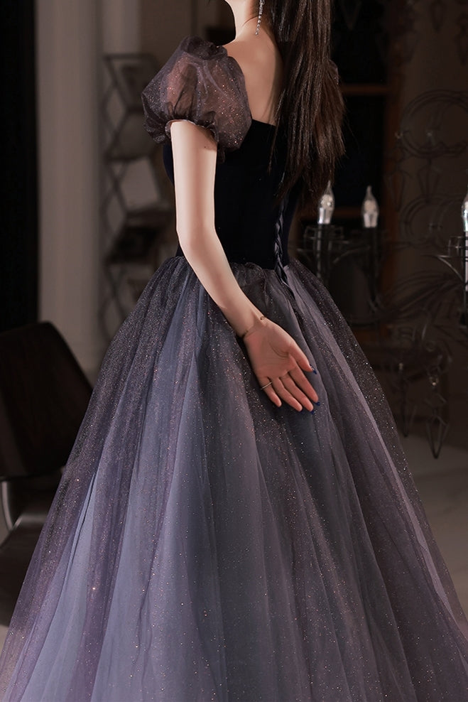 Navy Blue A-line Short Puffy Sleeves Princess Long Dress