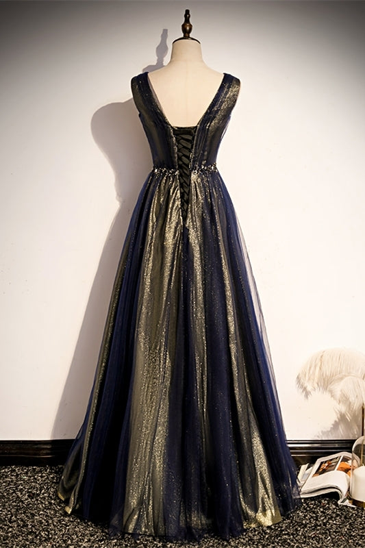 Navy Blue A-line Tulle Long Party Dress
