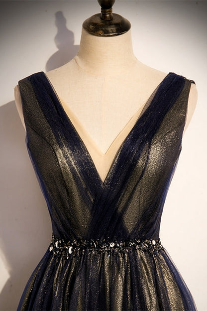 Navy Blue A-line Tulle Long Party Dress