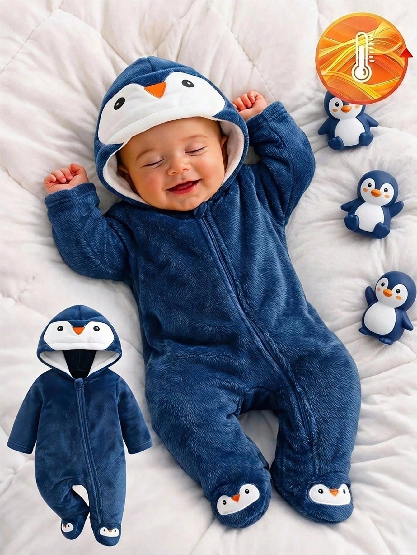 Navy Blue Cute Penguin Print Embroidered Newborn Comfortable Thick Fleece Long Sleeve Long Pants Romper Loungewear, Suitable For Autumn/Winter Wear