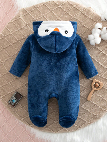 Navy Blue Cute Penguin Print Embroidered Newborn Comfortable Thick Fleece Long Sleeve Long Pants Romper Loungewear, Suitable For Autumn/Winter Wear