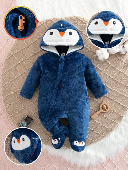 Navy Blue Cute Penguin Print Embroidered Newborn Comfortable Thick Fleece Long Sleeve Long Pants Romper Loungewear, Suitable For Autumn/Winter Wear