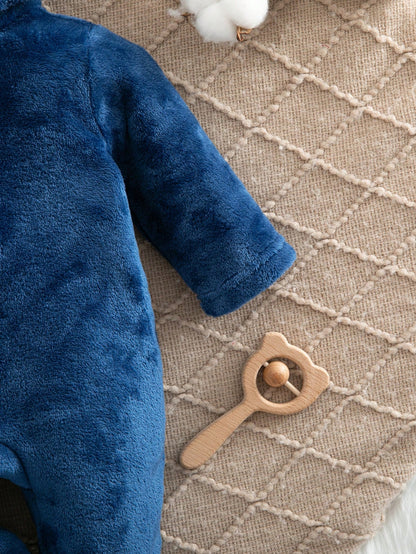 Navy Blue Cute Penguin Print Embroidered Newborn Comfortable Thick Fleece Long Sleeve Long Pants Romper Loungewear, Suitable For Autumn/Winter Wear