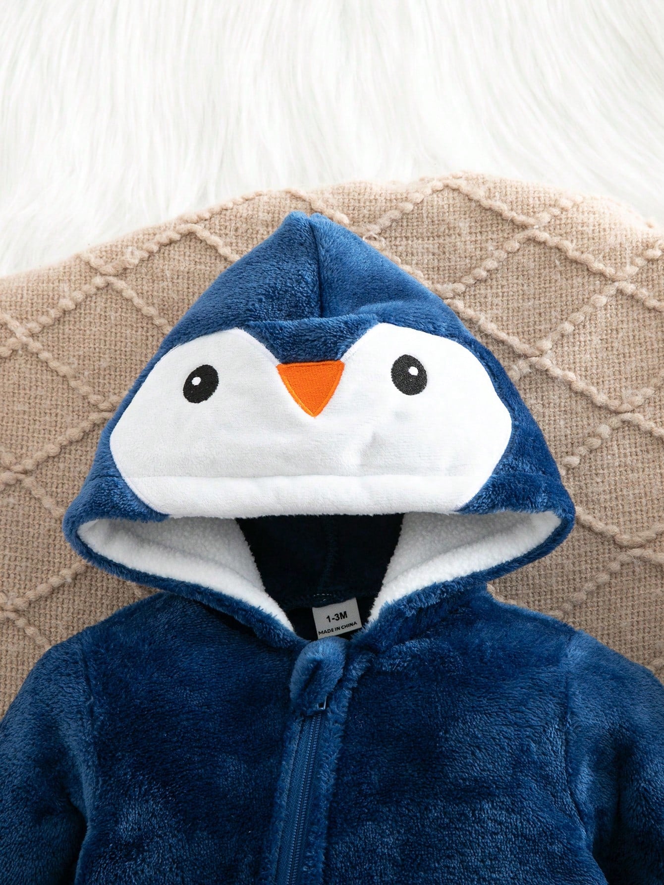 Navy Blue Cute Penguin Print Embroidered Newborn Comfortable Thick Fleece Long Sleeve Long Pants Romper Loungewear, Suitable For Autumn/Winter Wear